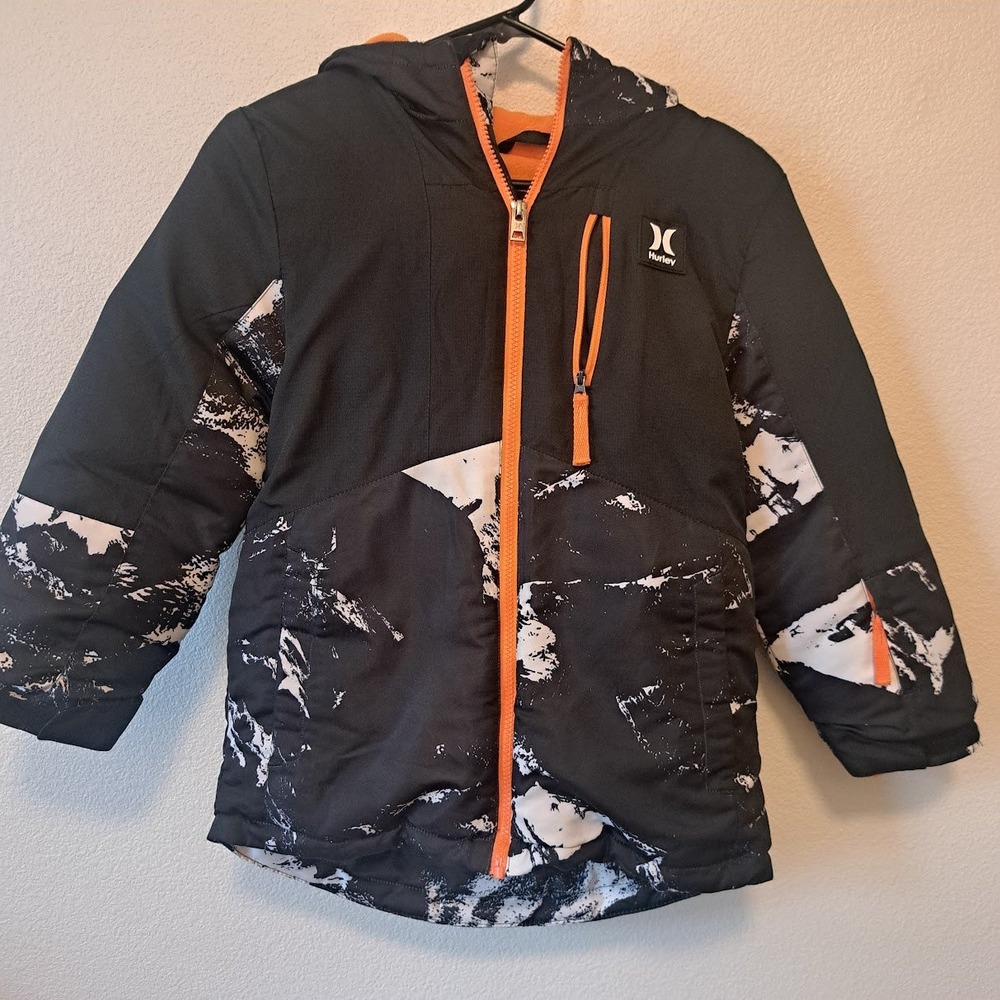 Hurley Boys Black Orange Marble Print Hooded Puffer Winter Jacket Size S 7/8